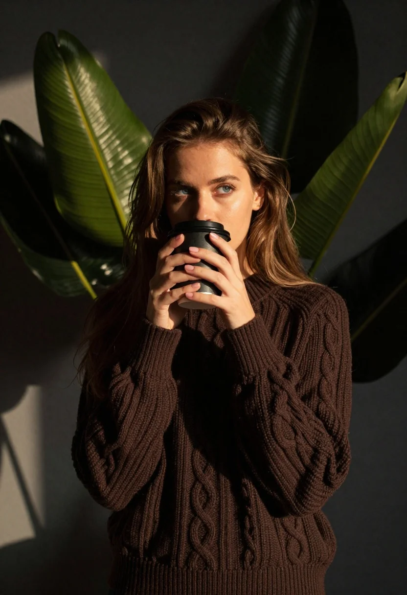Young woman in brown sweater holding coffee cup against tropical leaves - AI generated image prompt sample