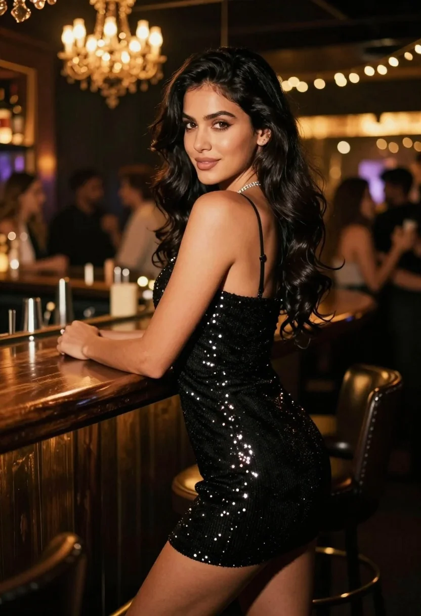 Glamorous woman in black sequin dress leaning on bar counter at nightclub - AI generated image prompt sample