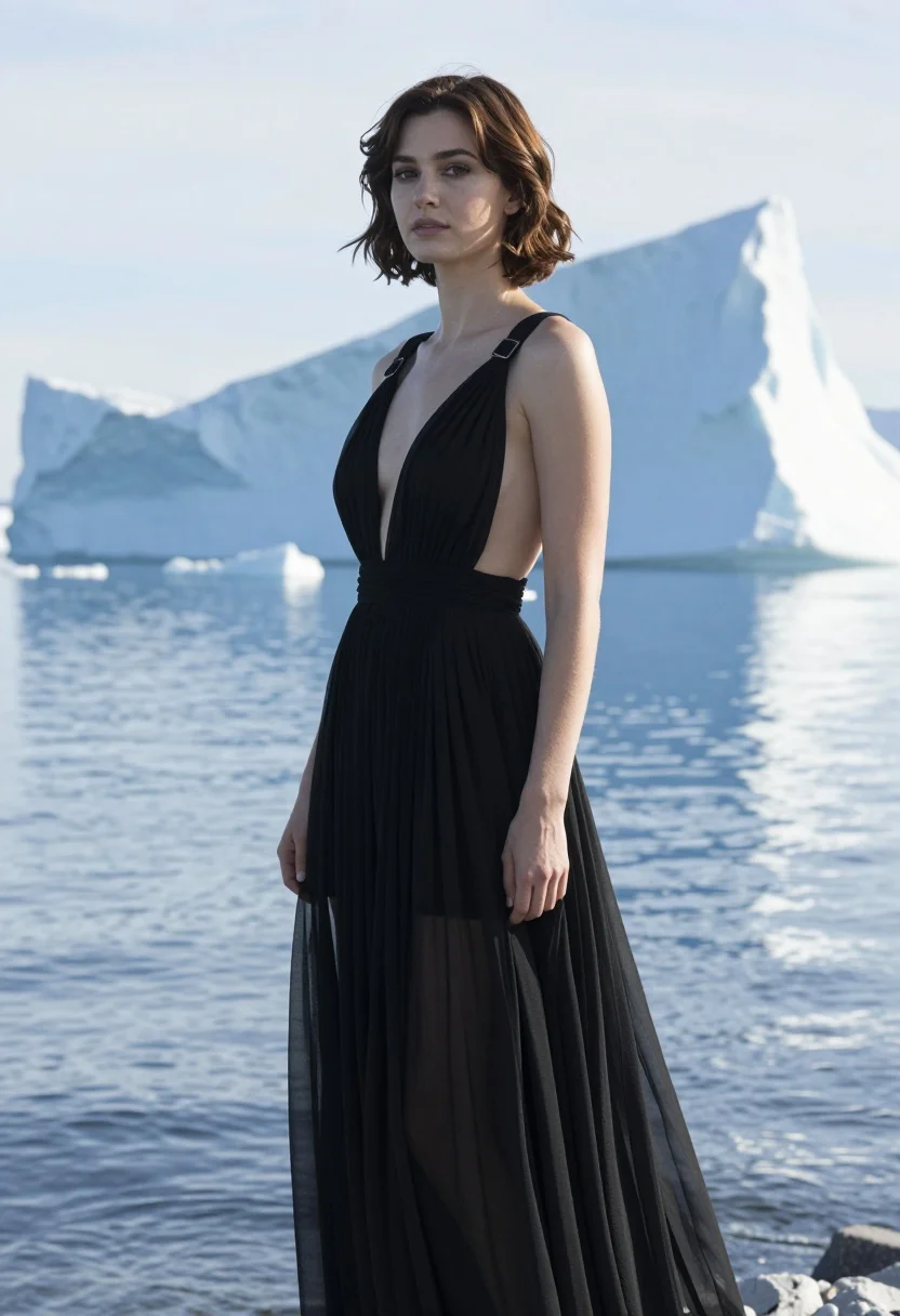 Woman in black sheer gown standing by arctic icebergs and blue water - AI generated image prompt sample