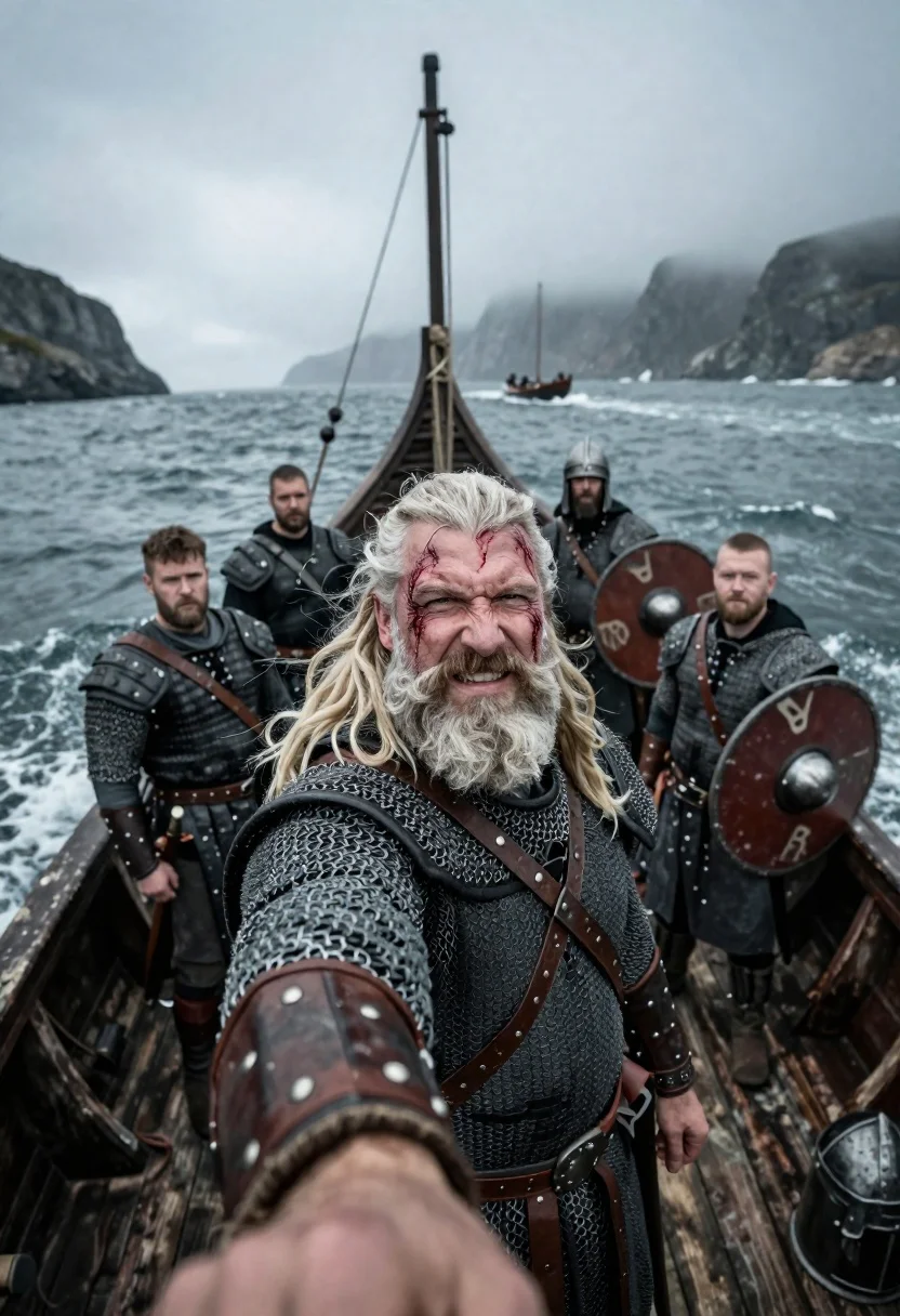 Viking warrior taking selfie on stormy sea longship