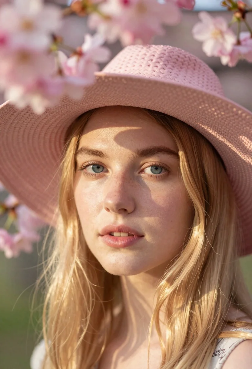 Portrait of woman in pink hat with cherry blossoms - AI generated image prompt sample