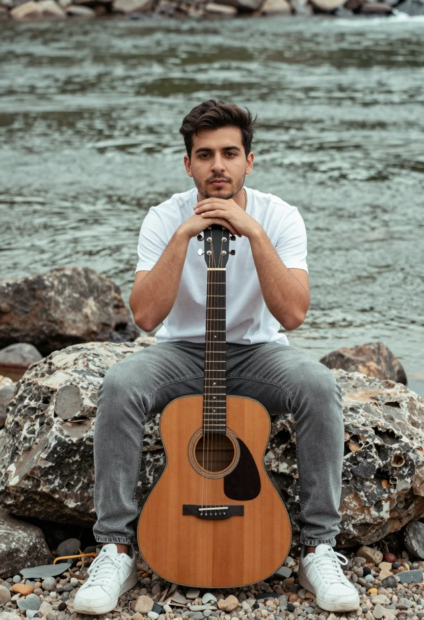 Young man sitting on rock holding acoustic guitar by riverbank - AI generated image prompt sample