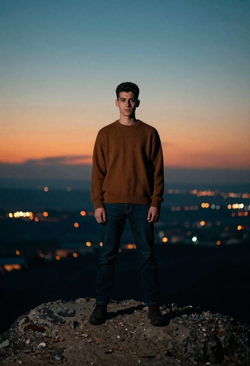 Young man in brown sweater on rocky outcrop overlooking twilight city - AI generated image prompt sample