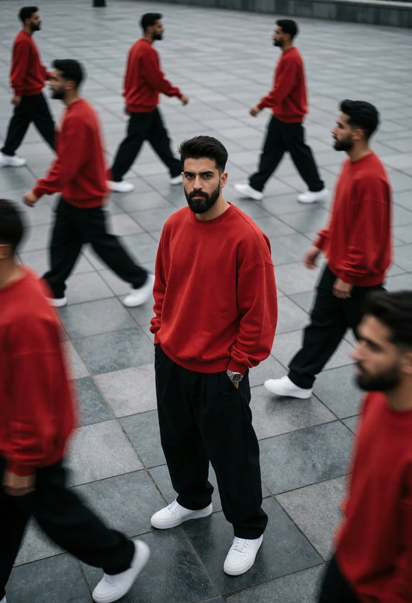 High angle shot of men in red sweatshirts on grey tiled plaza - AI generated image prompt sample