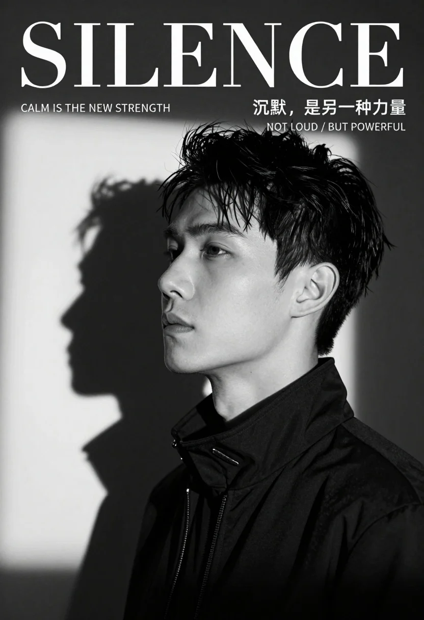 Black and white portrait of young asian man looking away from camera - AI generated image prompt sample