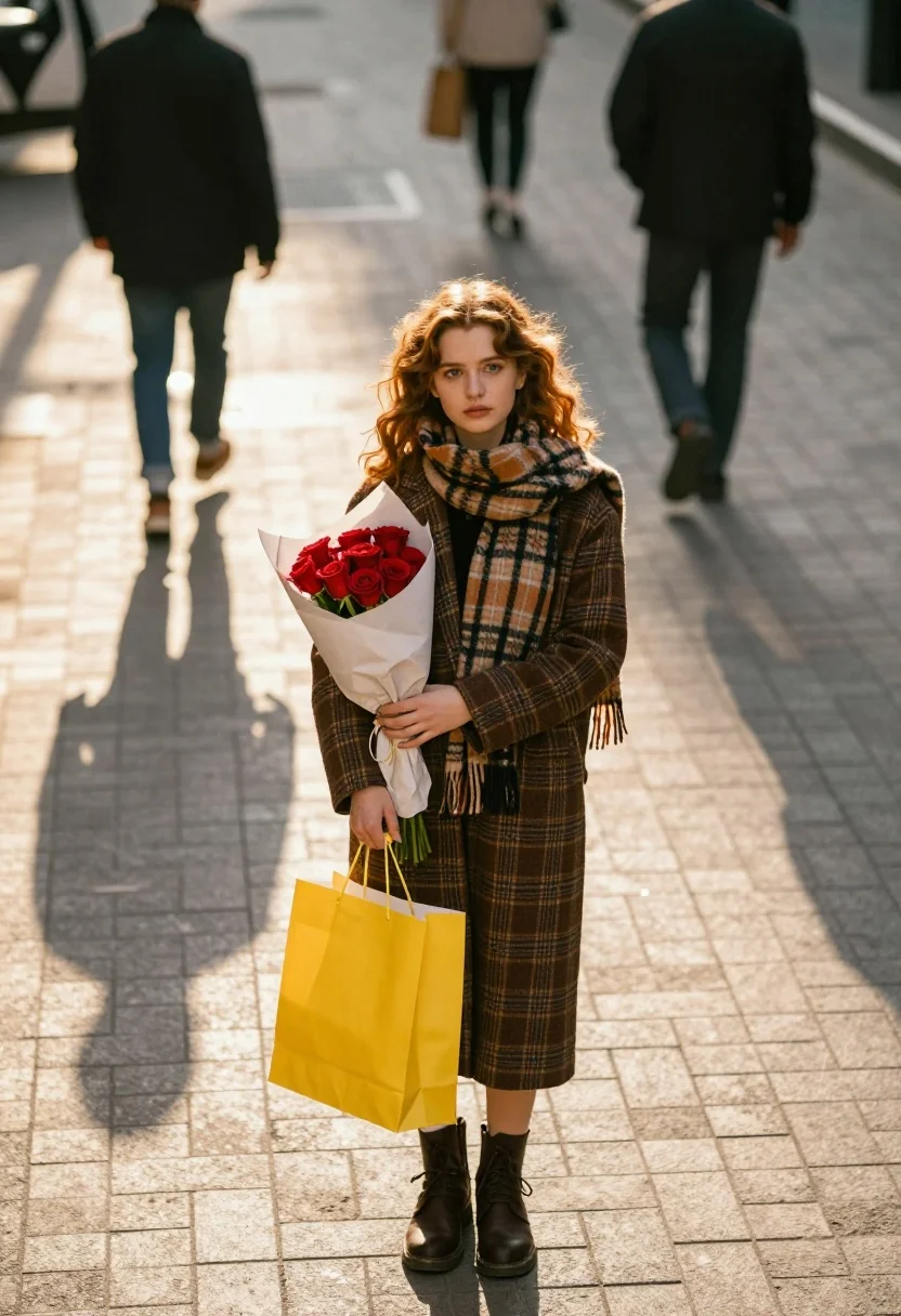 Young woman with reddish hair on paved street holding roses and yellow - AI generated image prompt sample