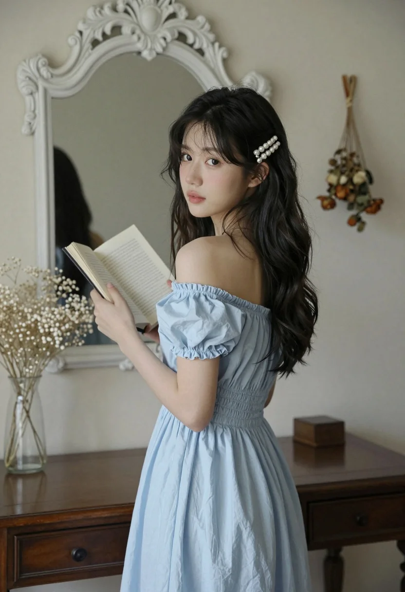 Young woman in light blue dress looking back over shoulder indoors - AI generated image prompt sample