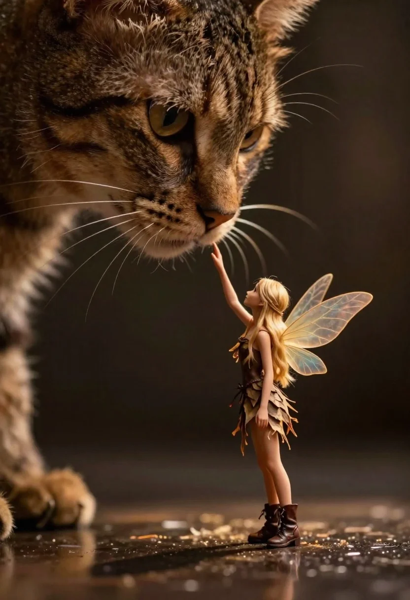 Fairy touching enormous tabby cat nose in shadow