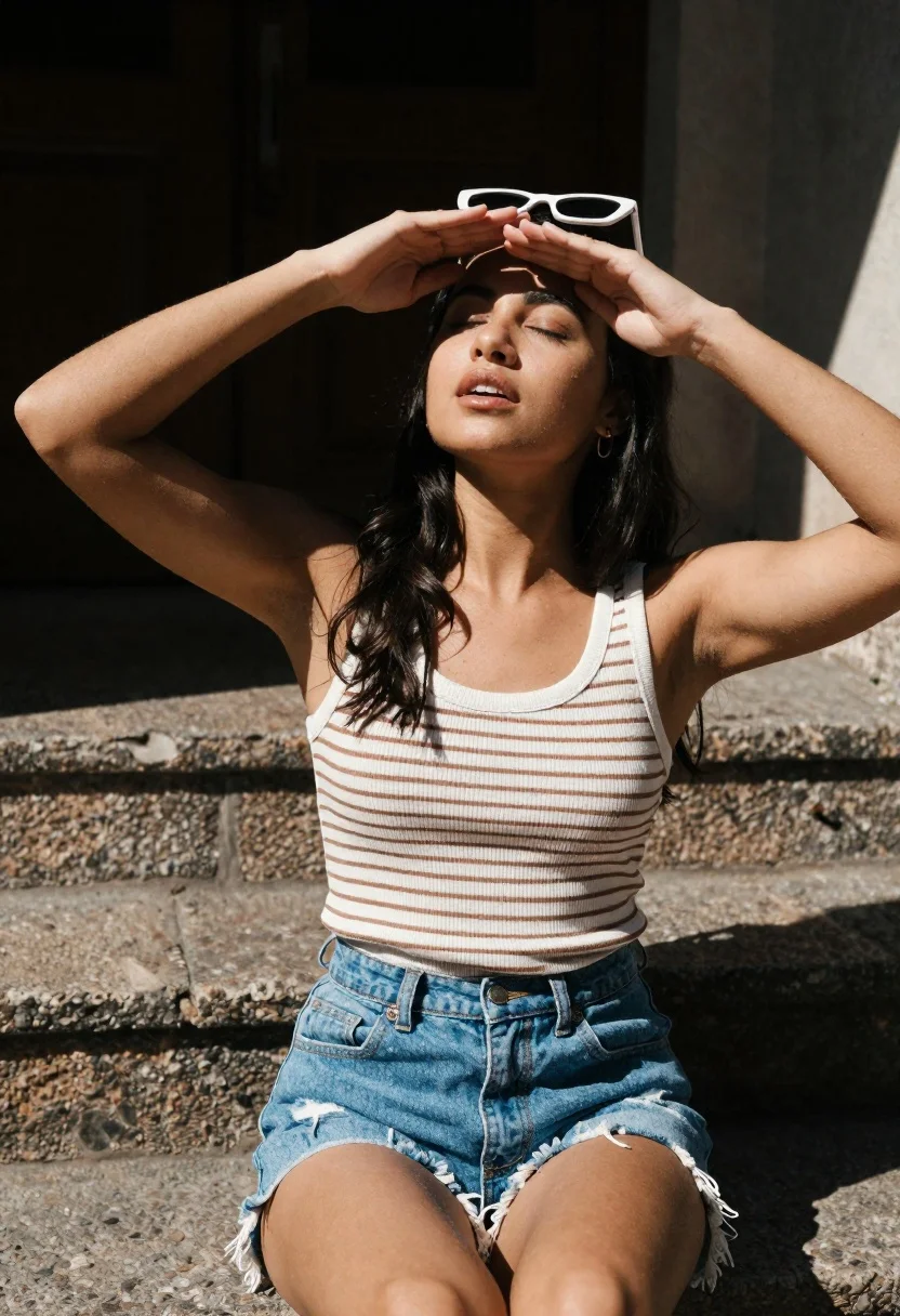 Young woman shielding eyes sitting on stone steps outdoors in sunlight