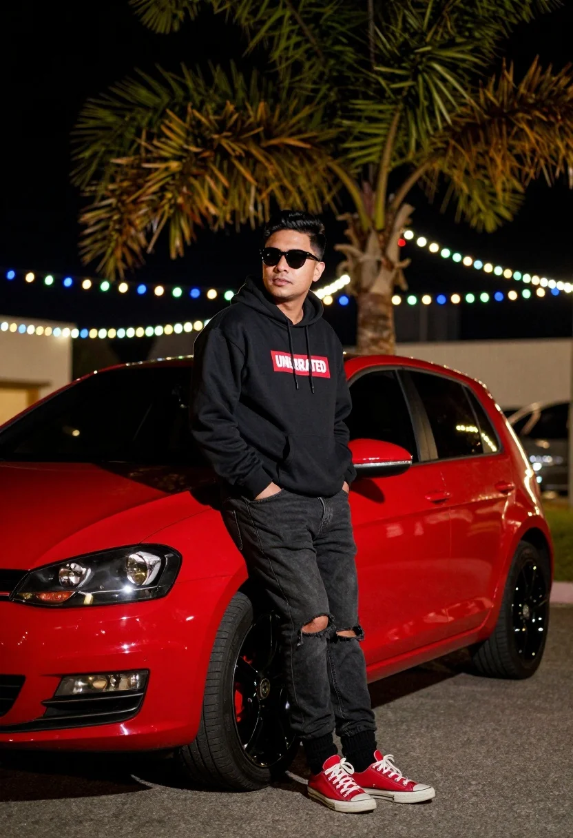 Man leaning on red car at night under festive string lights bokeh - AI generated image prompt sample