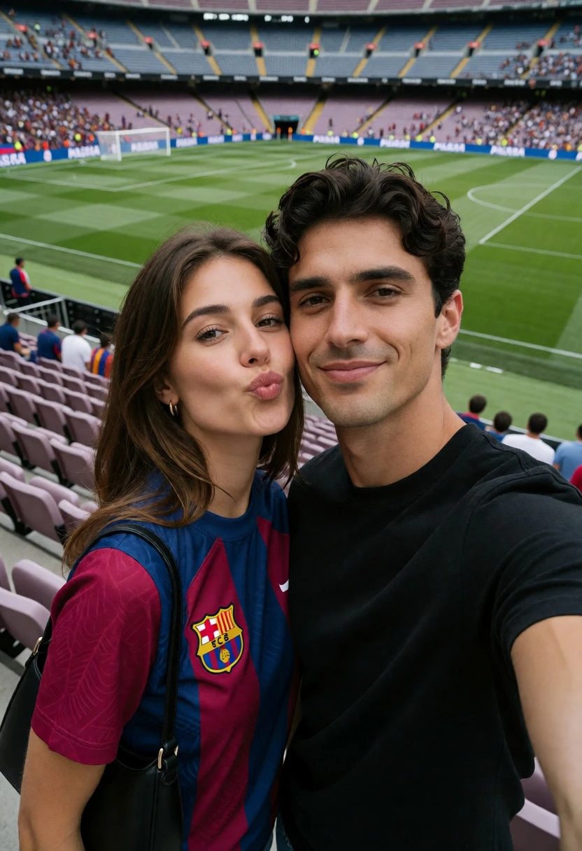 Couple taking selfie in football stadium stands with green pitch background - AI generated image prompt sample