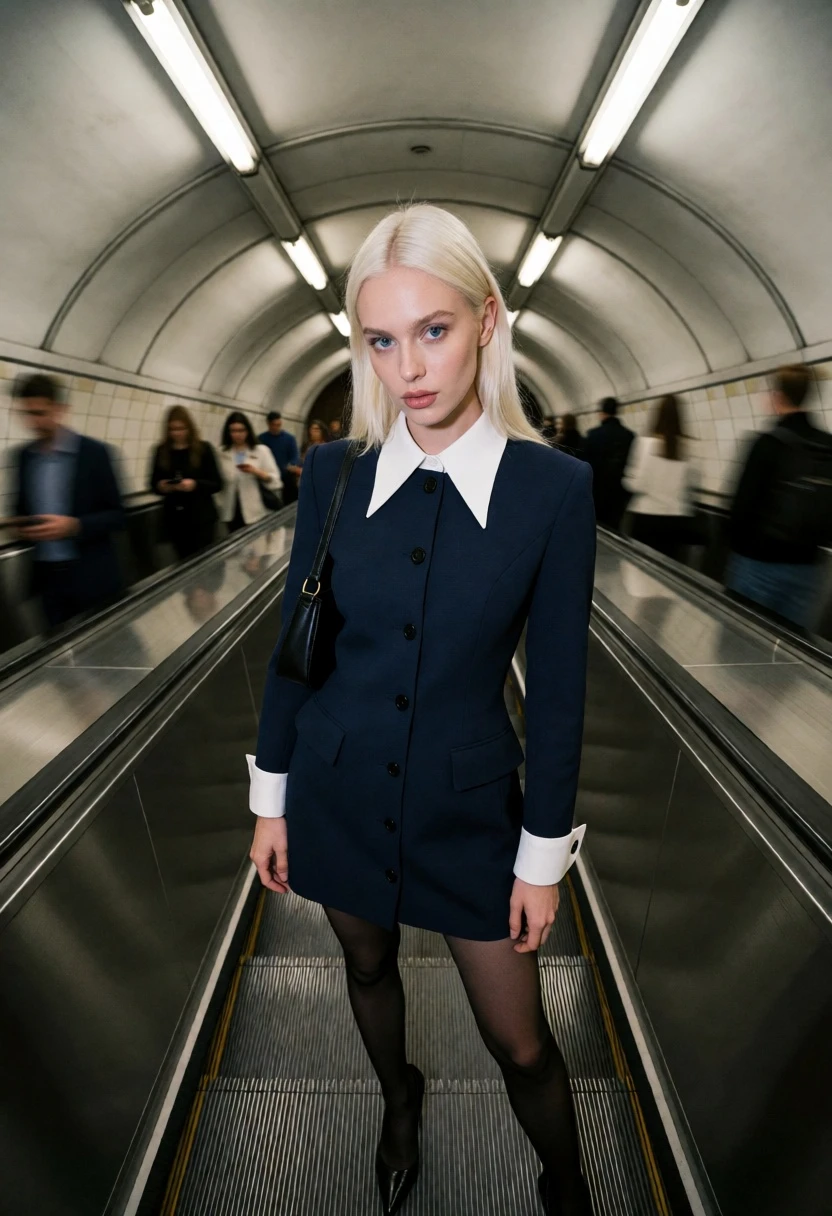 Woman in navy suit on subway escalator under fluorescent lights - AI generated image prompt sample