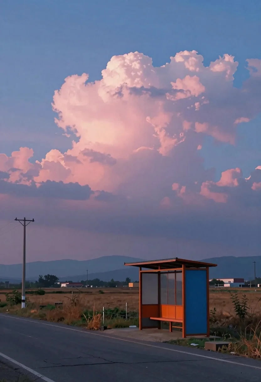 Solitary bus stop in rural landscape at dusk