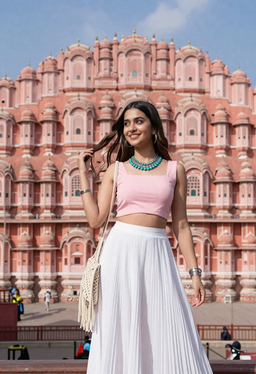 Smiling young woman in pink top and white skirt before sandstone palace - AI generated image prompt sample