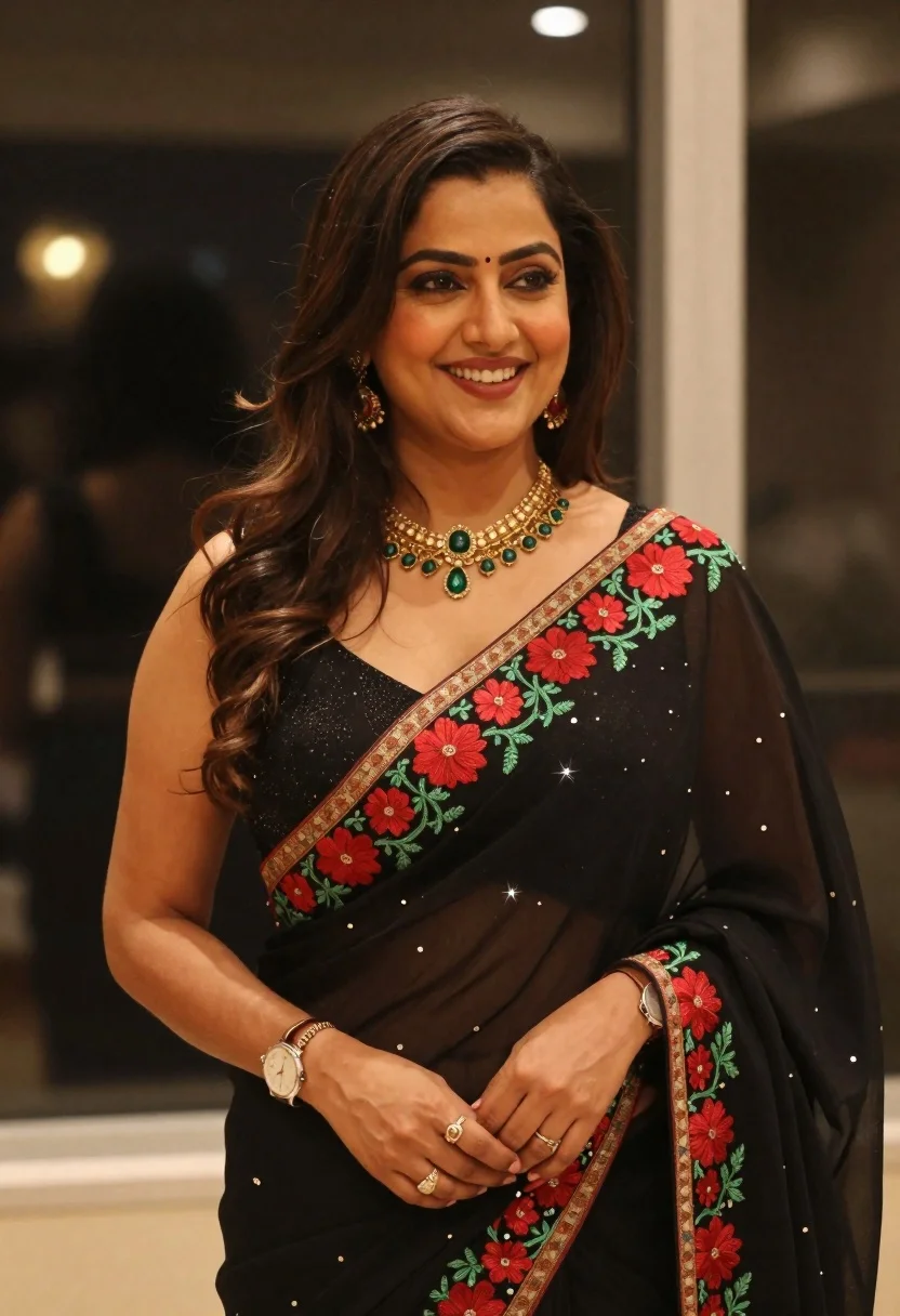 Smiling woman in black saree with red embroidery at an indoor event