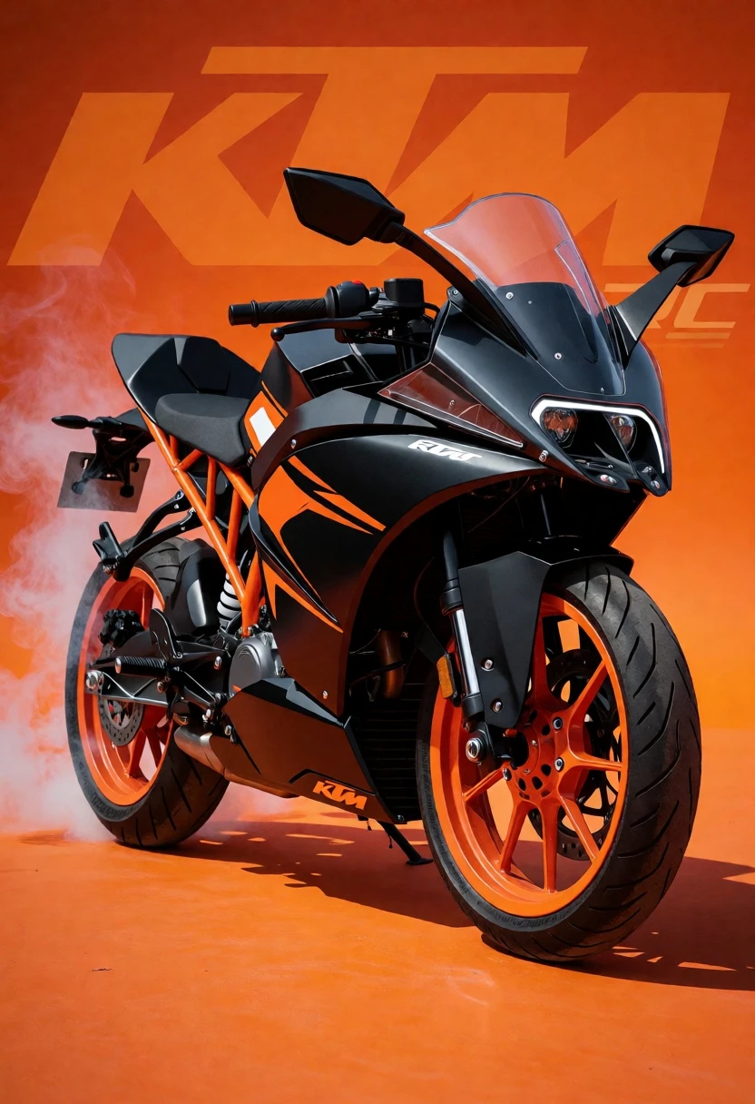 Black and orange ktm rc sport motorcycle in dynamic threequarter view - AI generated image prompt sample