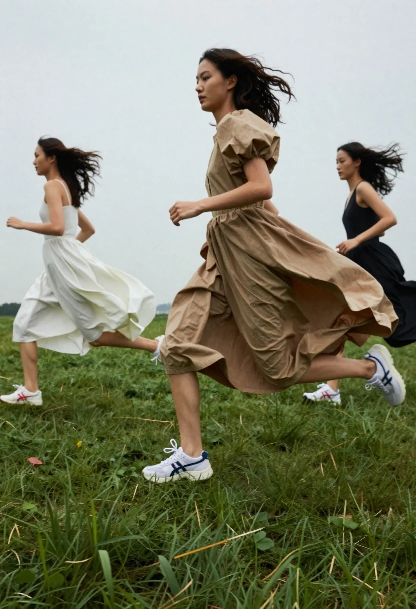 Three women running in gowns on green grass - AI generated image prompt sample
