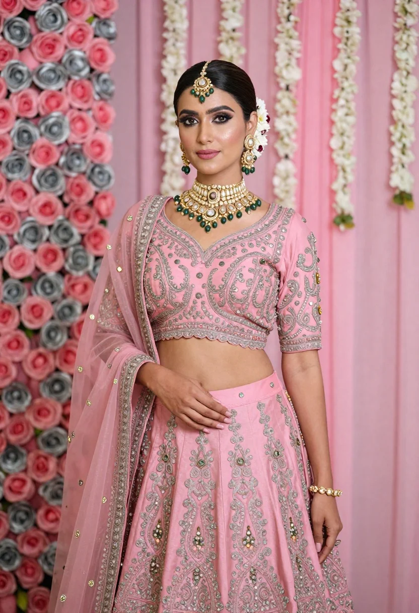 Young indian woman in pink bridal lehenga standing before floral backdrop - AI generated image prompt sample