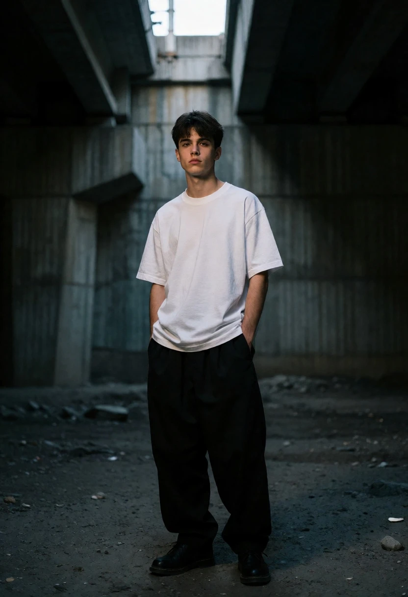 Young man standing alone in dimly lit concrete underpass looking at camera - AI generated image prompt sample