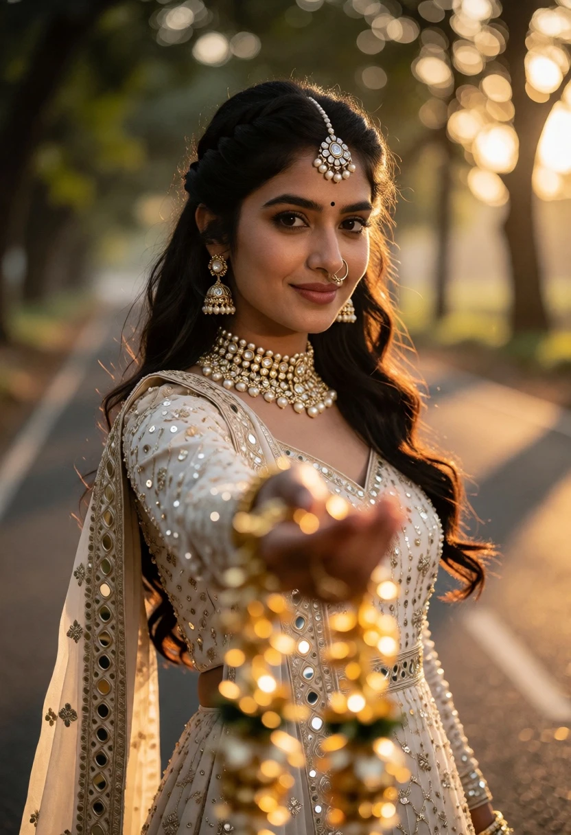 Young woman in traditional indian attire offering golden garland on treelined road - AI generated image prompt sample