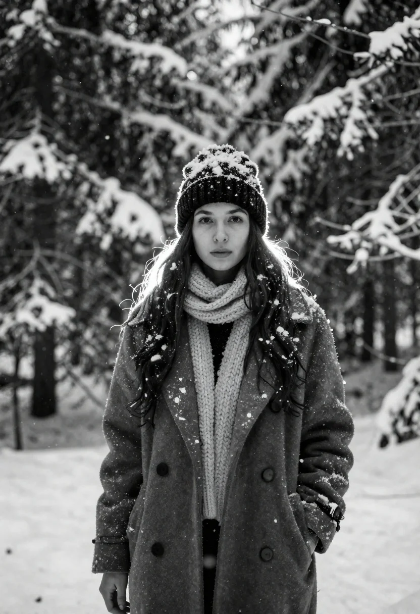 Black and white portrait of young woman in wool coat standing in - AI generated image prompt sample