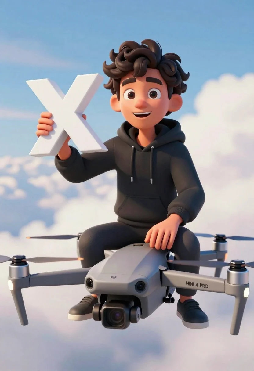 Young man on grey drone holding white letter x against blue sky - AI generated image prompt sample