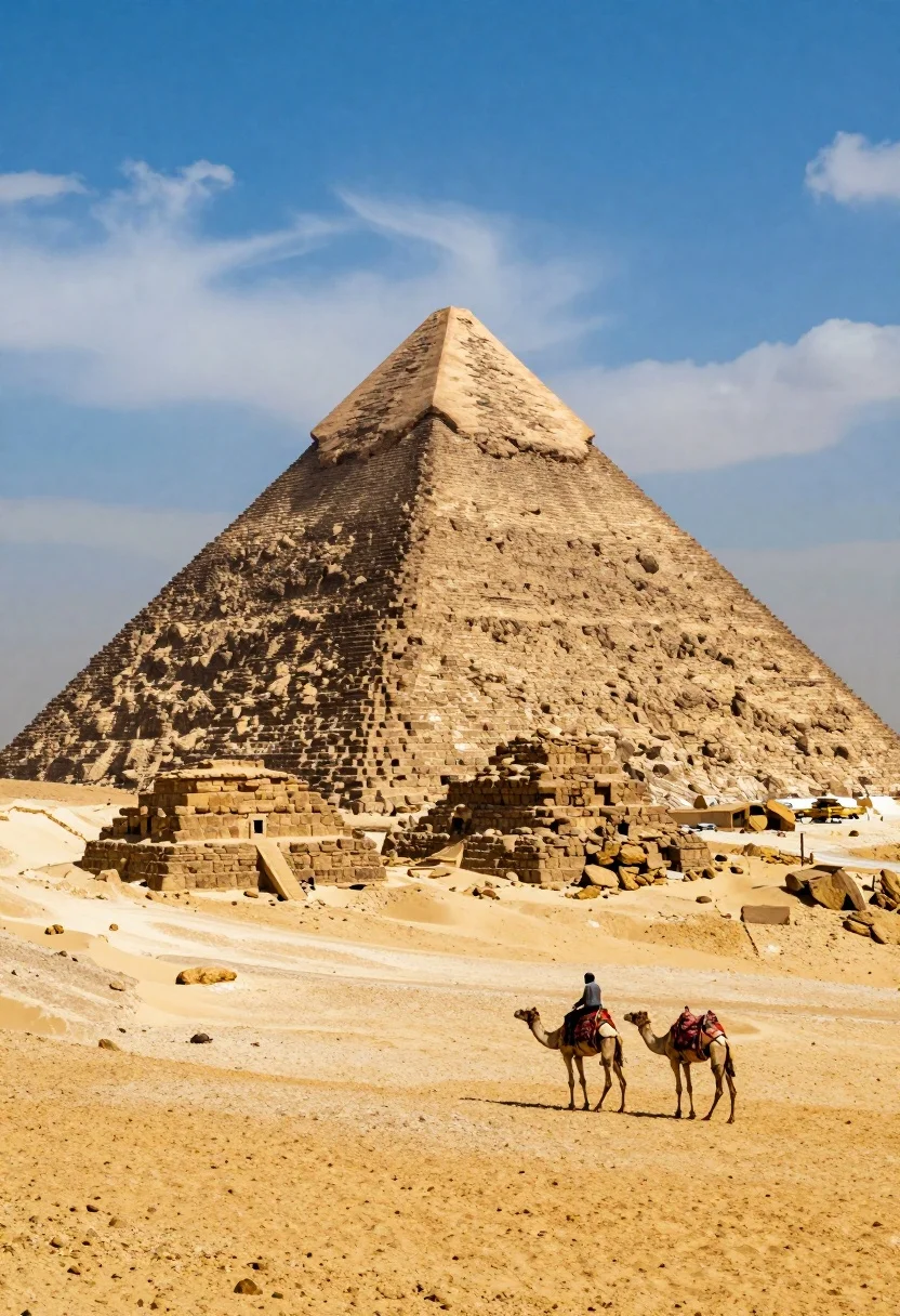 Lone figure riding camel before massive ancient pyramid in vast desert - AI generated image prompt sample