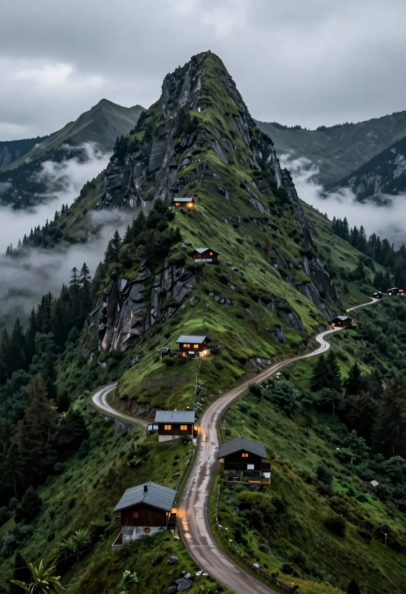 Winding dirt road ascending steep green mountain ridge with glowing wooden cabins - AI generated image prompt sample