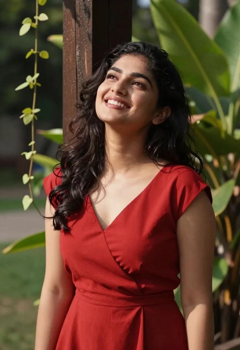 Smiling woman in red dress leaning against post in lush garden setting
