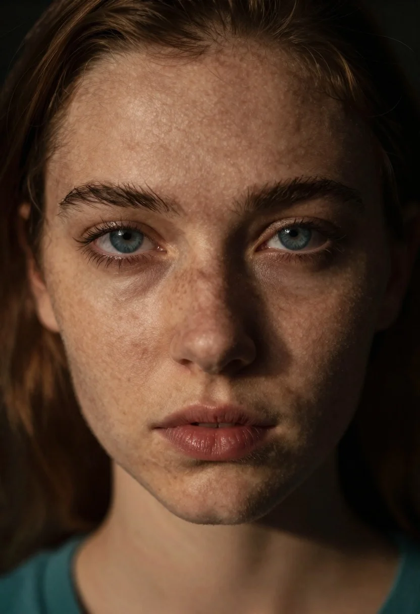 Close up portrait of young woman with blue eyes - AI generated image prompt sample