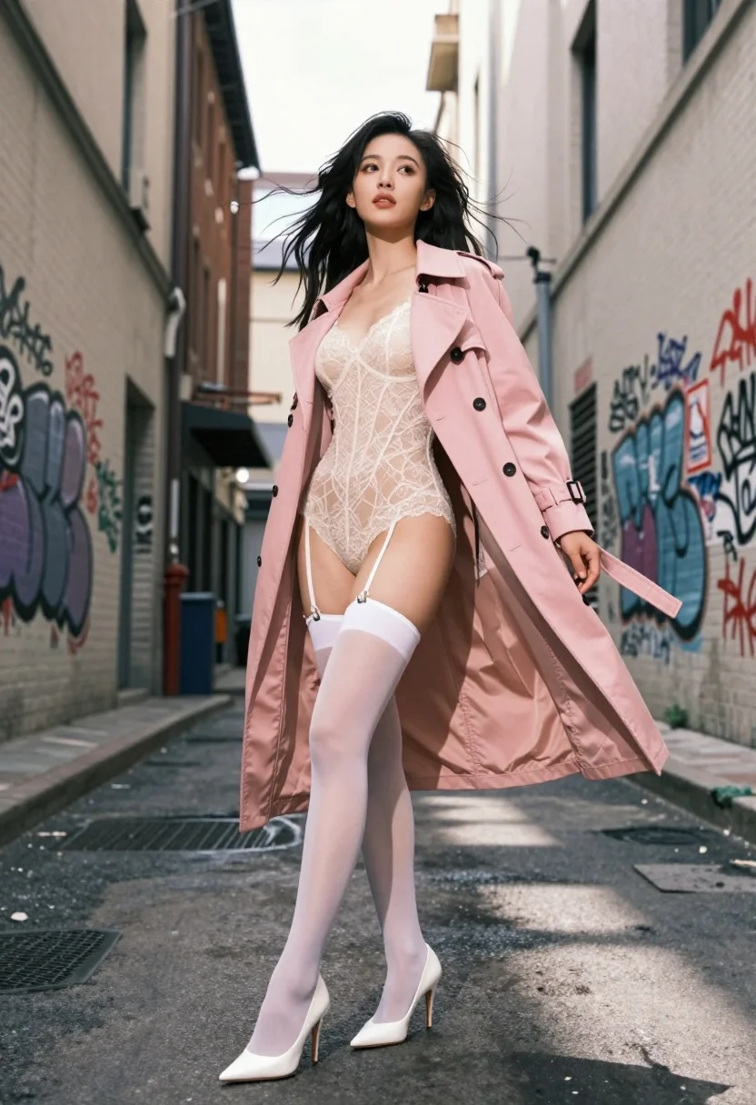 Confident woman in pink trench coat standing in graffiti covered urban alleyway - AI generated image prompt sample