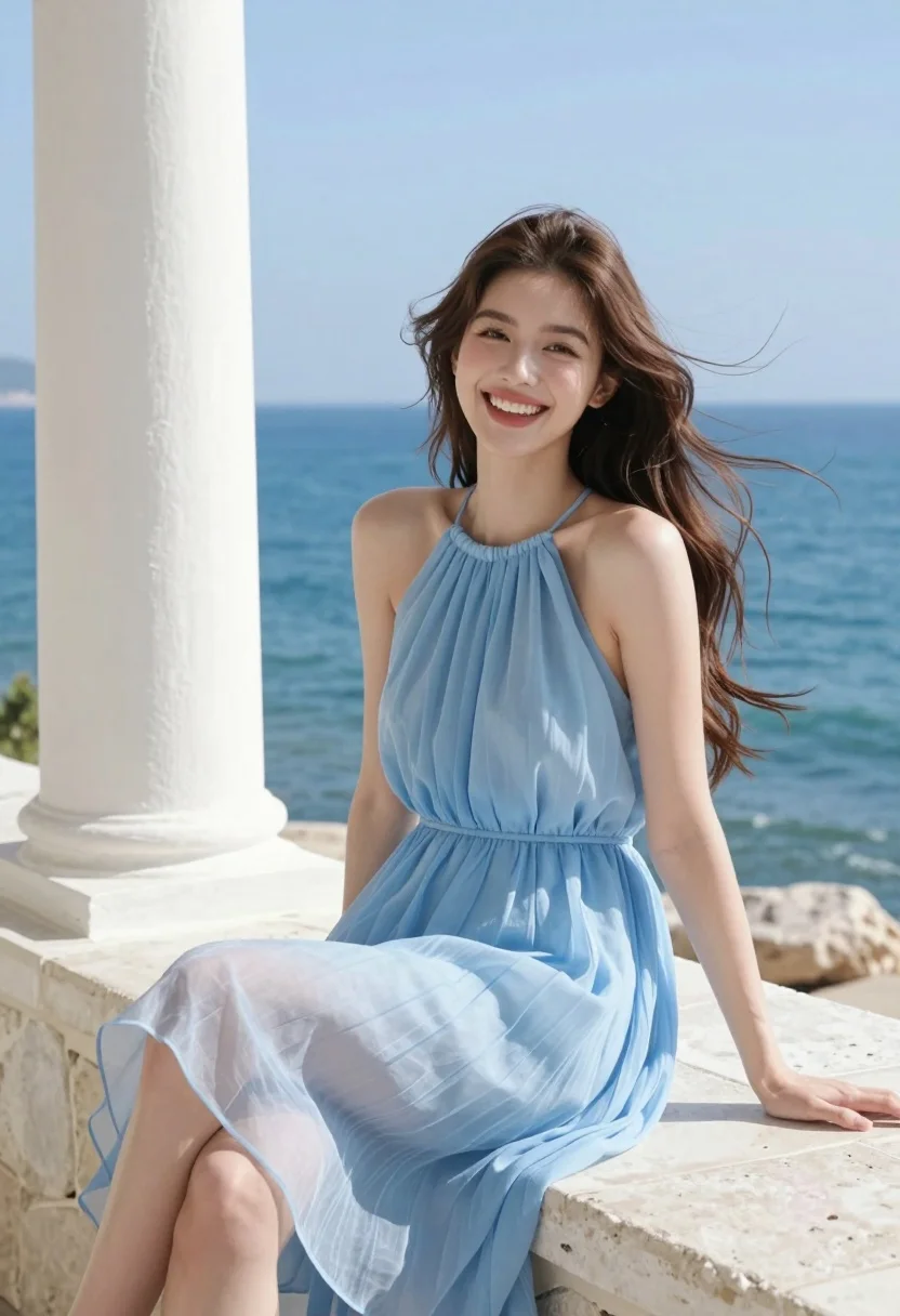 Joyful young woman in light blue dress sitting on stone ledge by - AI generated image prompt sample