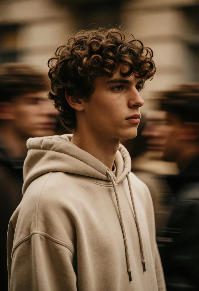 Young man in beige hoodie standing still against motion blurred crowd background - AI generated image prompt sample