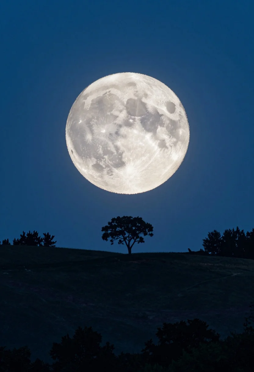 Vast luminous full moon over dark rolling hillside with silhouetted trees - AI generated image prompt sample