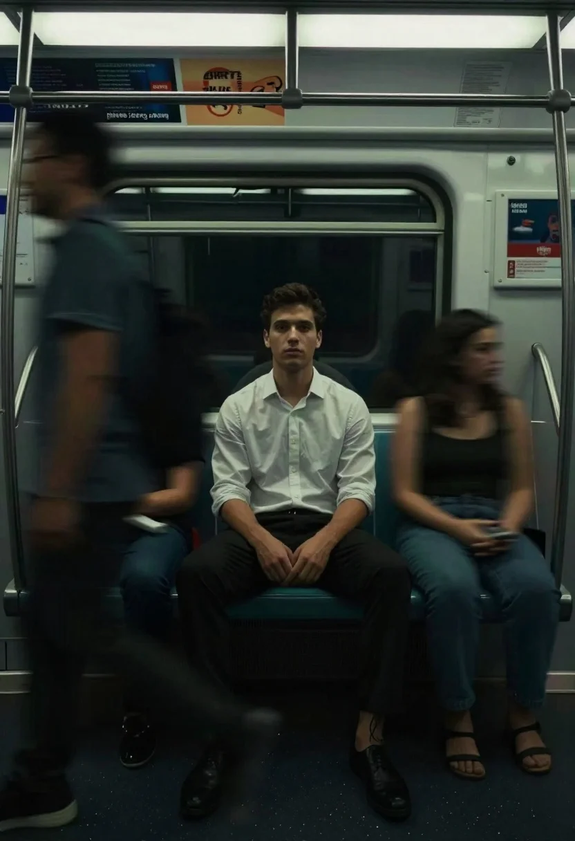 Man sitting on subway seat surrounded by motion blur