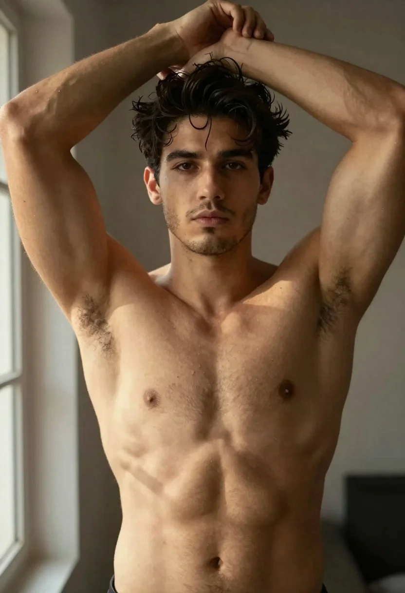 Muscular man posing indoors with soft window light - AI generated image prompt sample