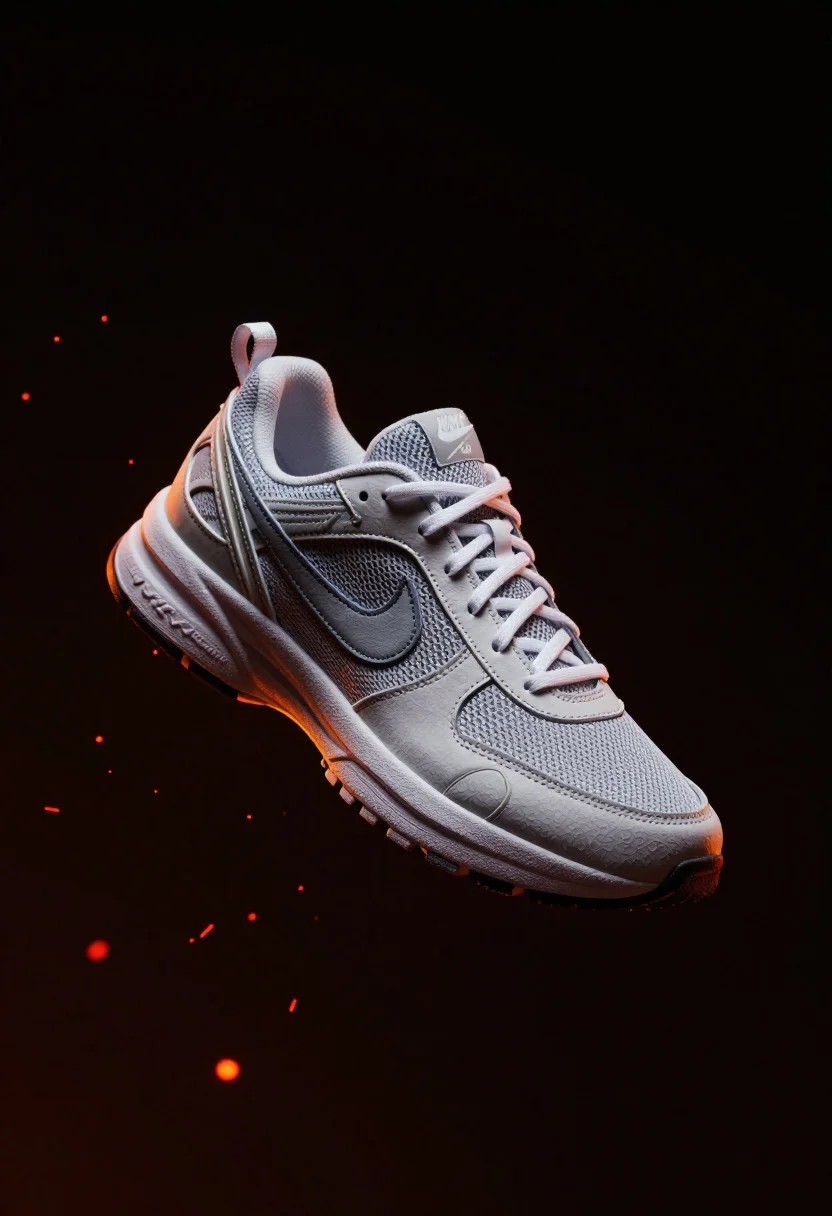 Nike sneaker floating in dark void with embers