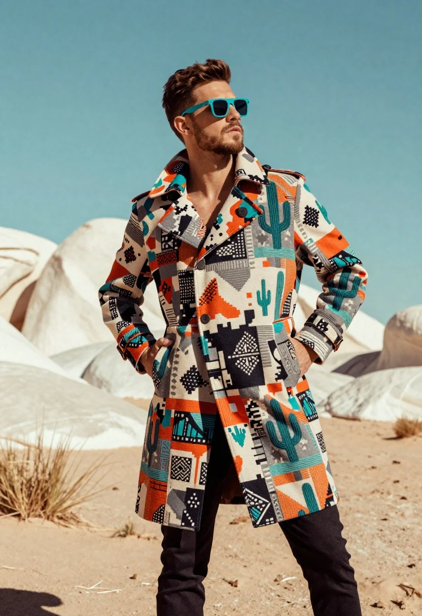 Man in patterned coat standing in arid desert landscape