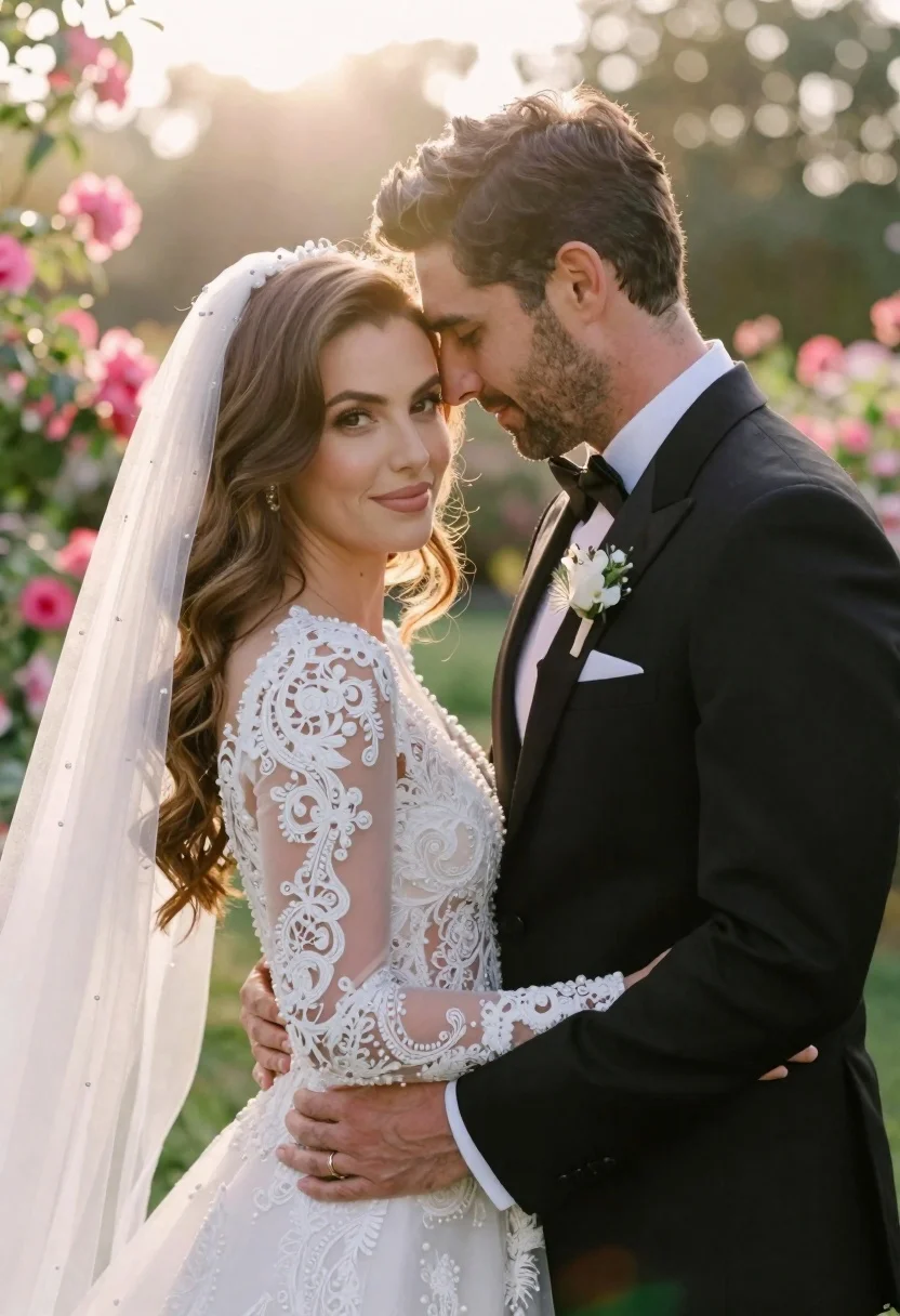Bride and groom embracing in a sunlit garden during golden hour - AI generated image prompt sample