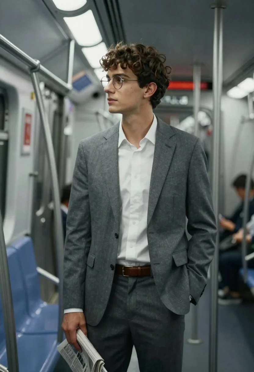 Young man in grey suit looking out subway window cinematic portrait - AI generated image prompt sample
