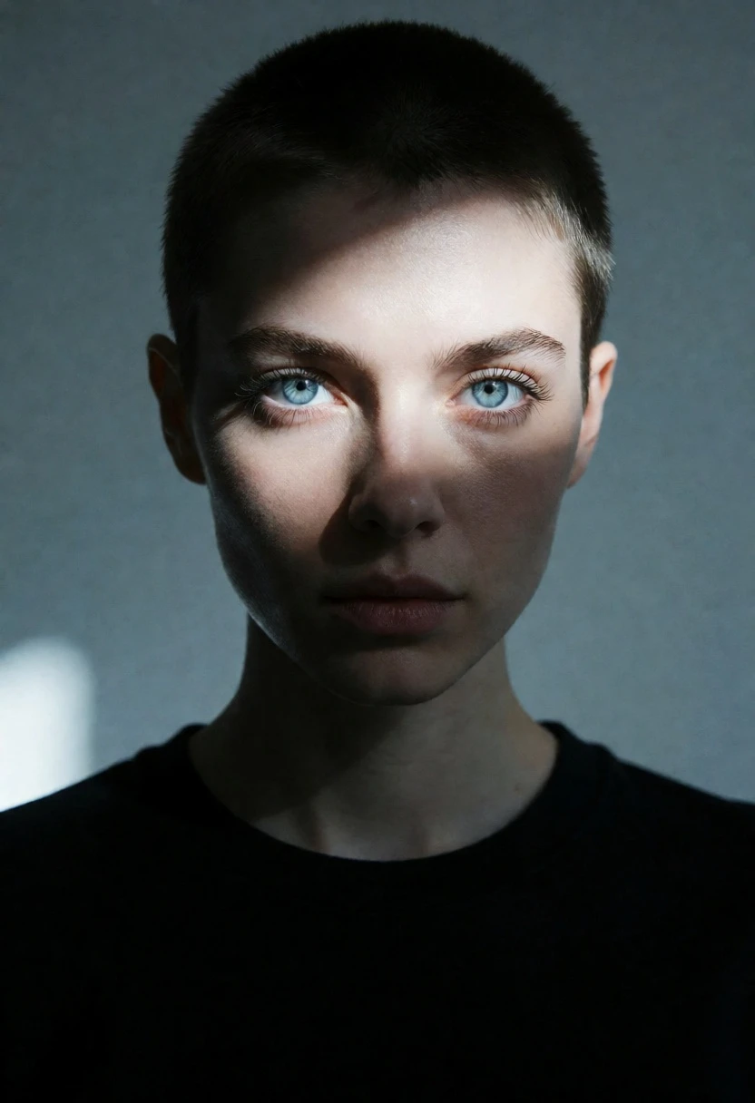 Close up portrait of person with blue eyes under dramatic spotlighting - AI generated image prompt sample