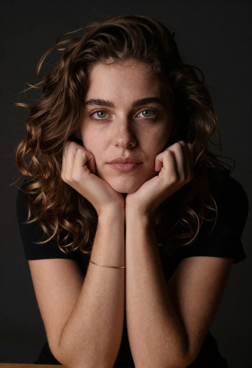 Portrait of young woman with brown hair and green eyes - AI generated image prompt sample