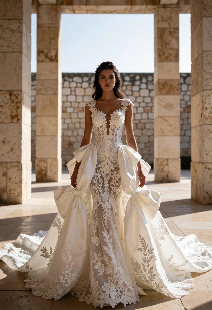 Woman in elaborate white wedding gown within grand stone corridor architecture - AI generated image prompt sample