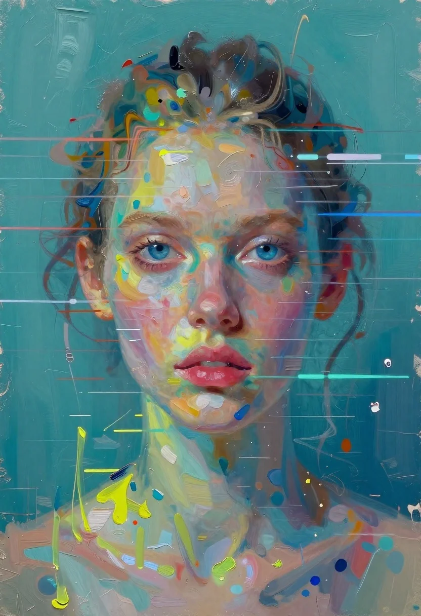 Woman portrait with digital glitch and oil paint texture