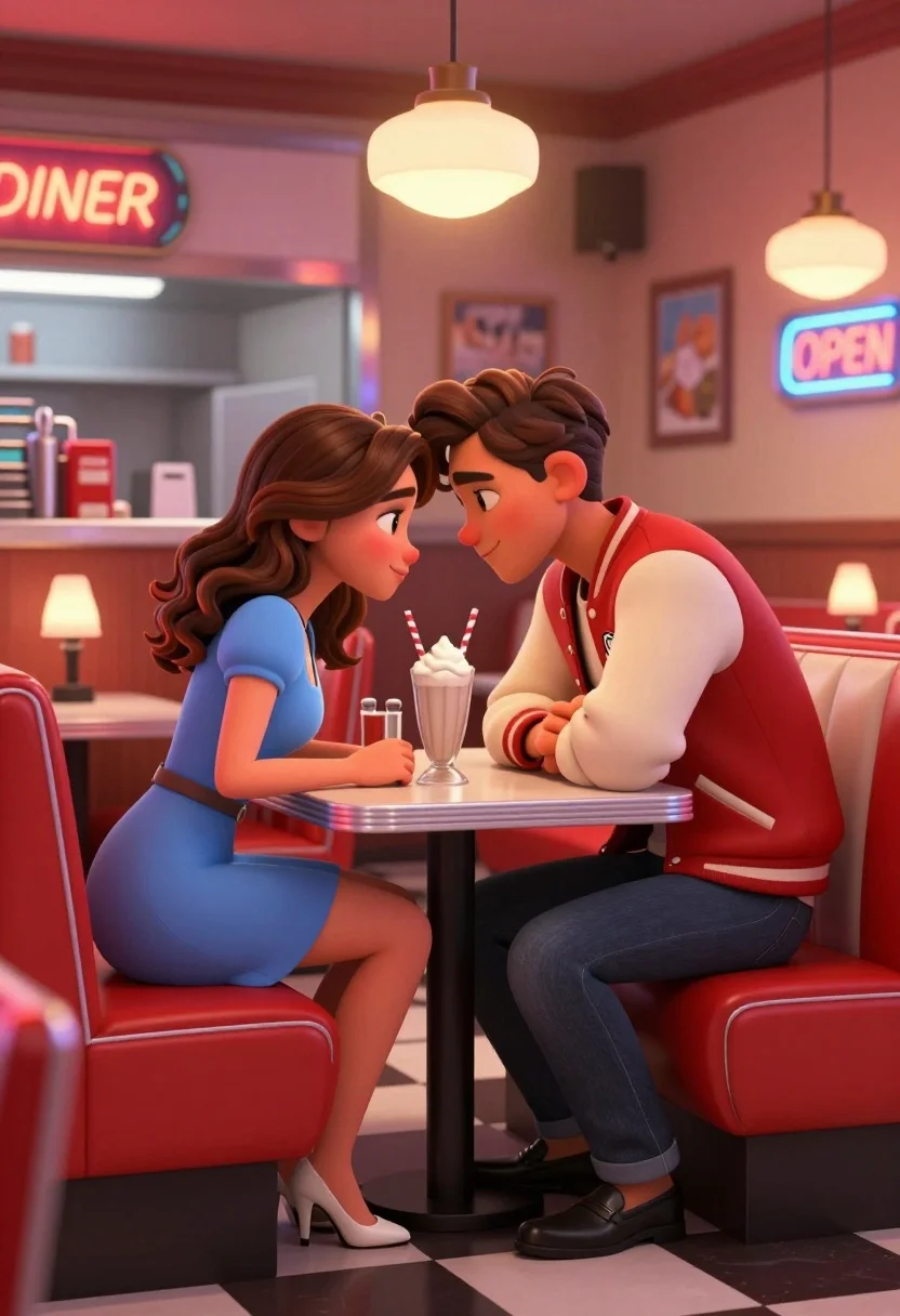 Young couple sharing intimate moment at a retro diner table setting - AI generated image prompt sample