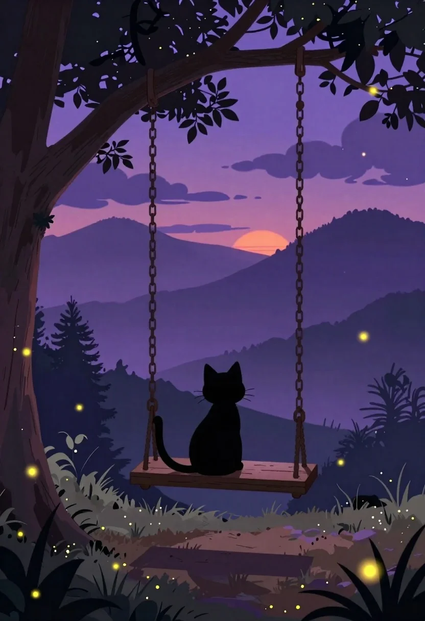Black cat on swing in mystical twilight landscape