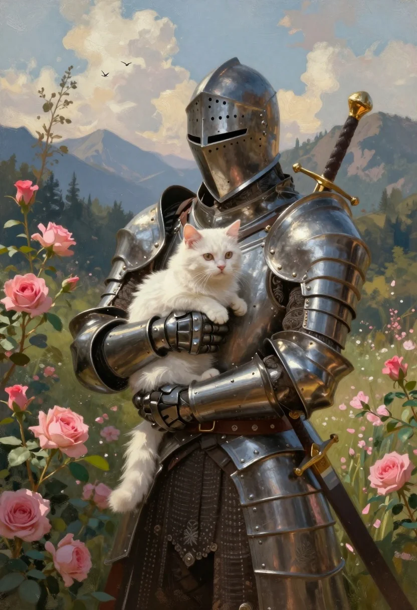 Knight in dark armor holding white cat amidst pink flowers and mountains - AI generated image prompt sample