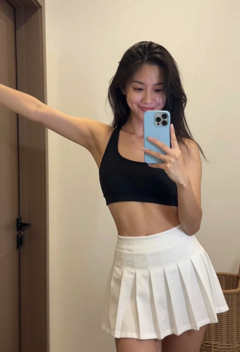 Woman taking mirror selfie wearing sports bra and pleated mini skirt