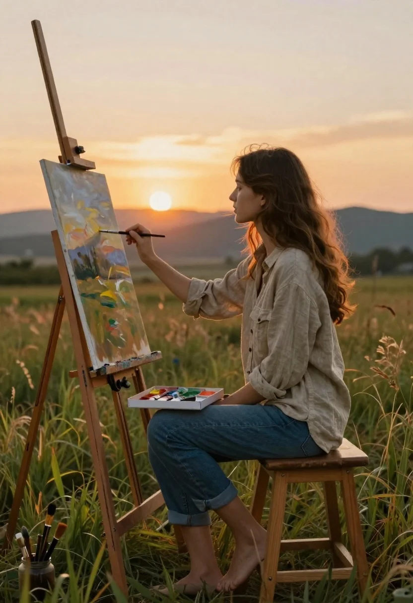 Young woman painting landscape in grassy field at golden hour sunset - AI generated image prompt sample