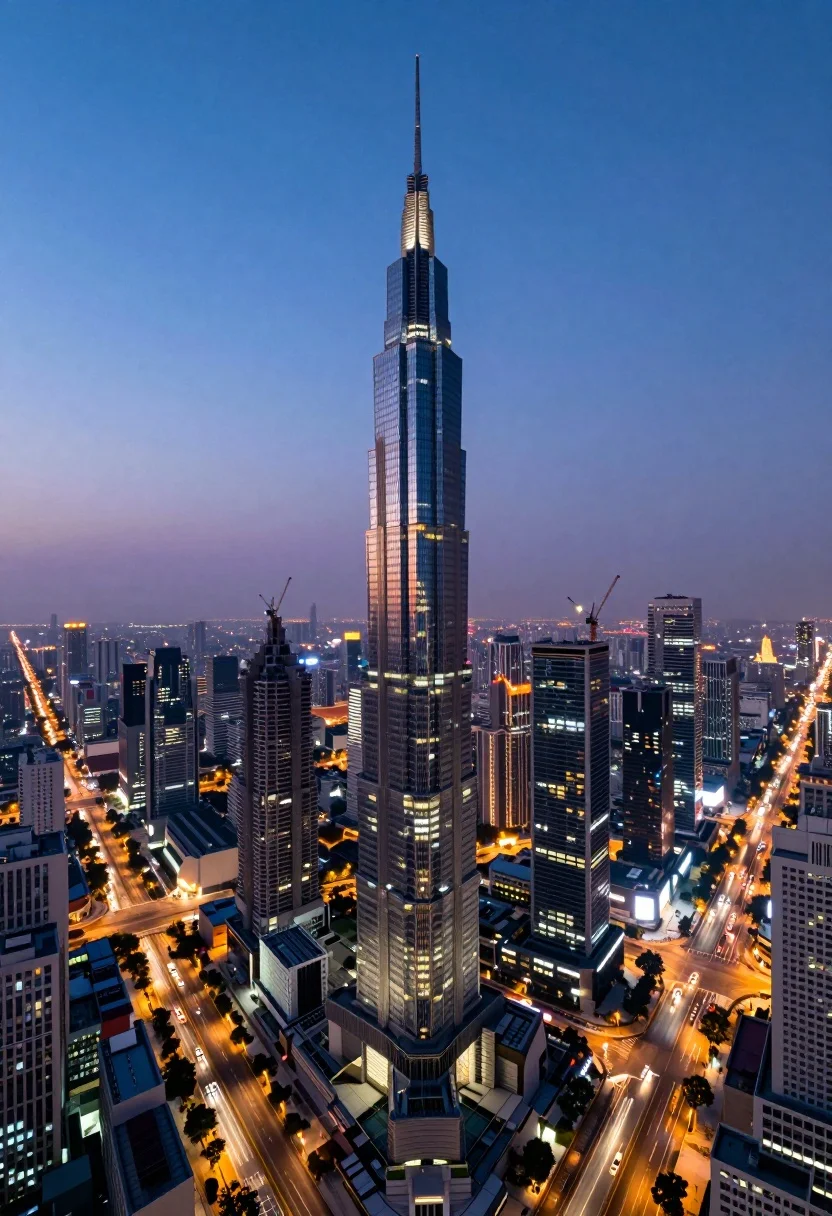 Panoramic view of futuristic metropolis dominated by tall spiraling skyscraper at dusk - AI generated image prompt sample